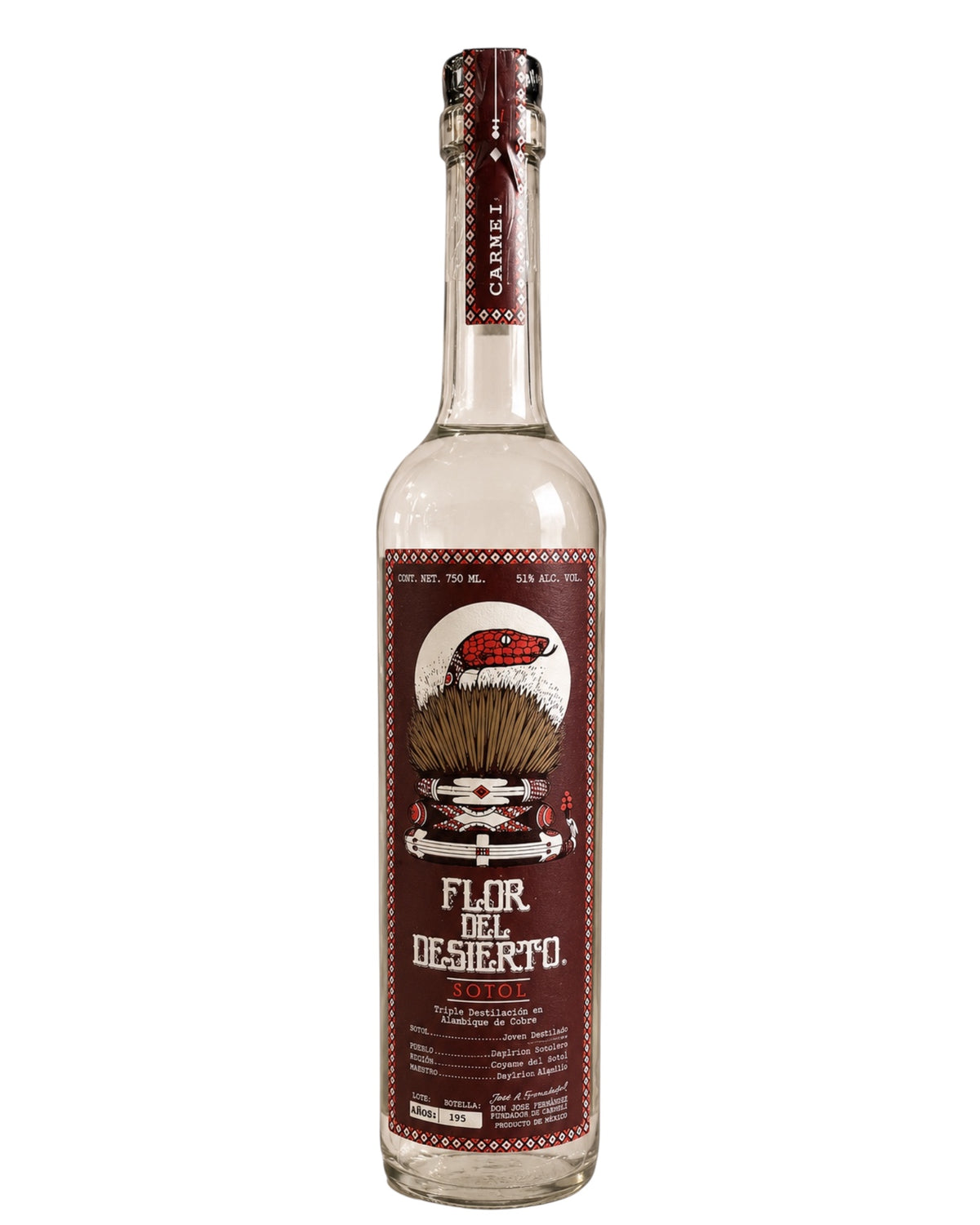 Licomar, Vinos y Licores Flor del Desierto Carne Sotol 750ml, botella de vidrio transparente con etiqueta burdeos y diseño de serpiente y cactus.