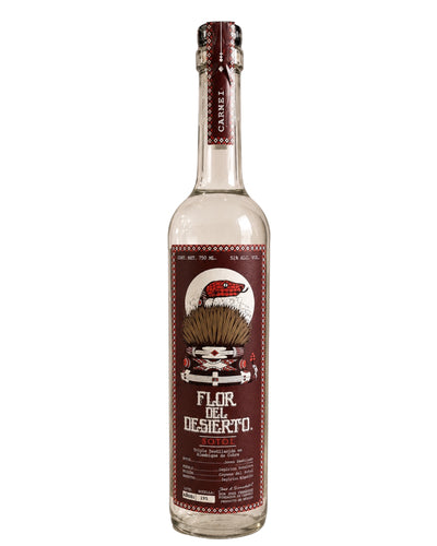 Licomar, Vinos y Licores Flor del Desierto Carne Sotol 750ml, botella de vidrio transparente con etiqueta burdeos y diseño de serpiente y cactus.