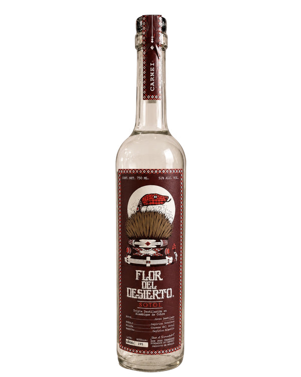 Licomar, Vinos y Licores Flor del Desierto Carne Sotol 750ml, botella de vidrio transparente con etiqueta burdeos y diseño de serpiente y cactus.