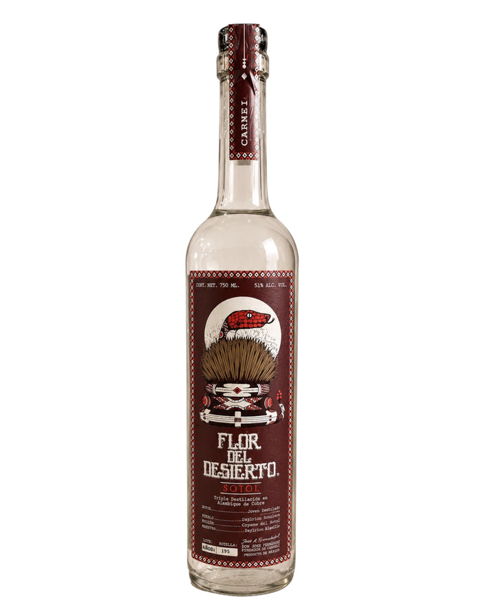 Licomar, Vinos y Licores Flor del Desierto Carne Sotol 750ml, botella de vidrio transparente con etiqueta burdeos y diseño de serpiente y cactus.