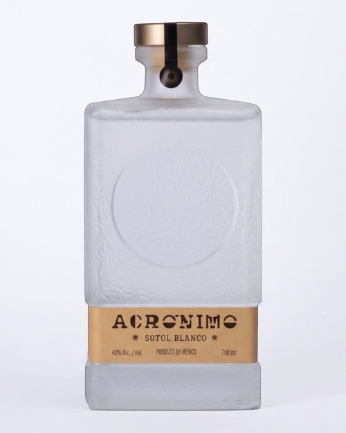 Licomar, Vinos y Licores frosted glass bottle of Acronimo Sotol Blanco 700ml with gold cap and label.