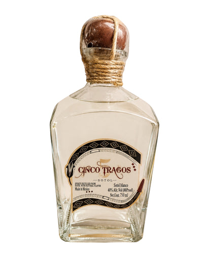 Licomar, Vinos y Licores Sotol Cinco Tragos Blanco 750ml bottle. Clear spirit with a rustic rope-tied wooden stopper.