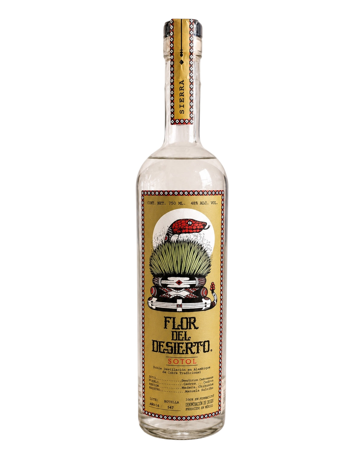 Licomar, Vinos y Licores Sotol Flor del Desierto Sierra 750ml, triple destilado, 100% Dasylirion wheeleri, USDA organic.