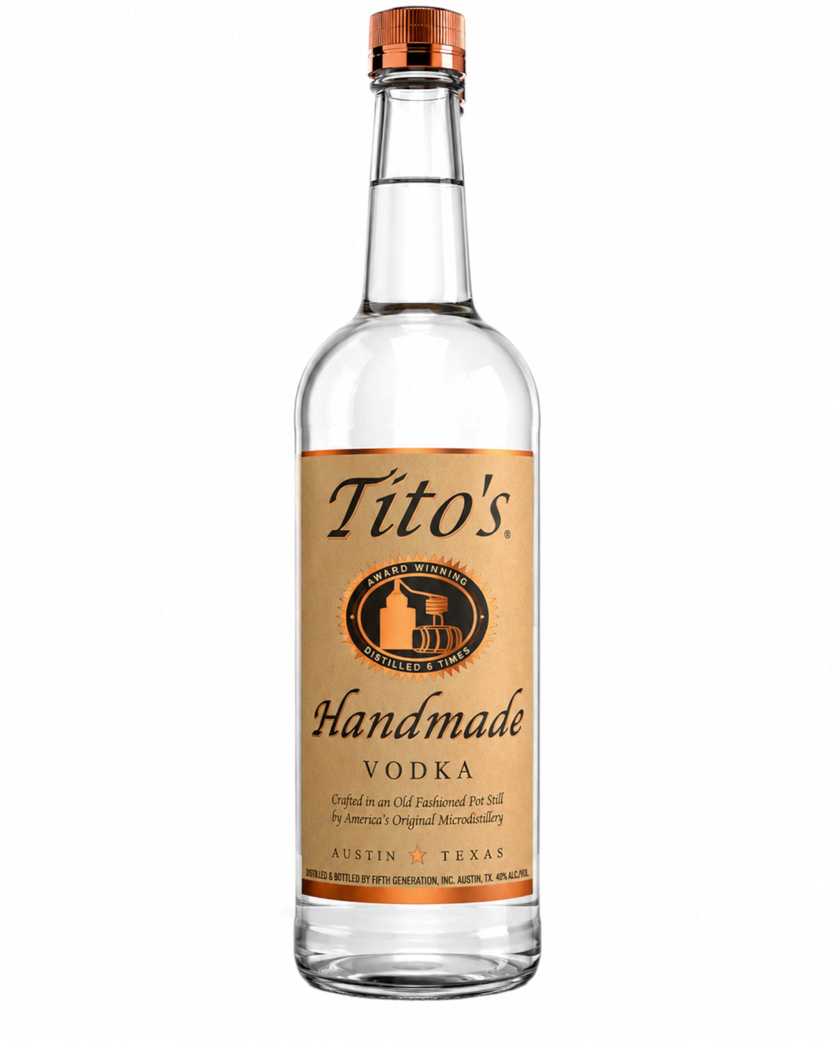 Botella de vodka Tito's Handmade de 750ml con etiqueta marrón y tapa de cobre, Licomar, Vinos y Licores.